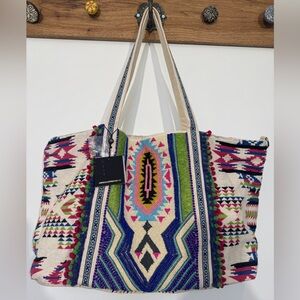 America & Beyond Hand Beaded Boho Tote Bag NWT Tribal Pom Pom Large Weekender